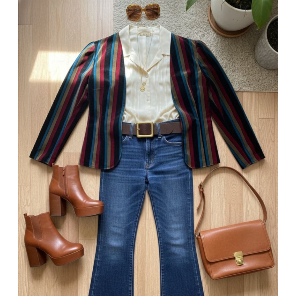Vintage 70s 80s TanJay Striped Blazer Size 10 Black Brown Blue Brown